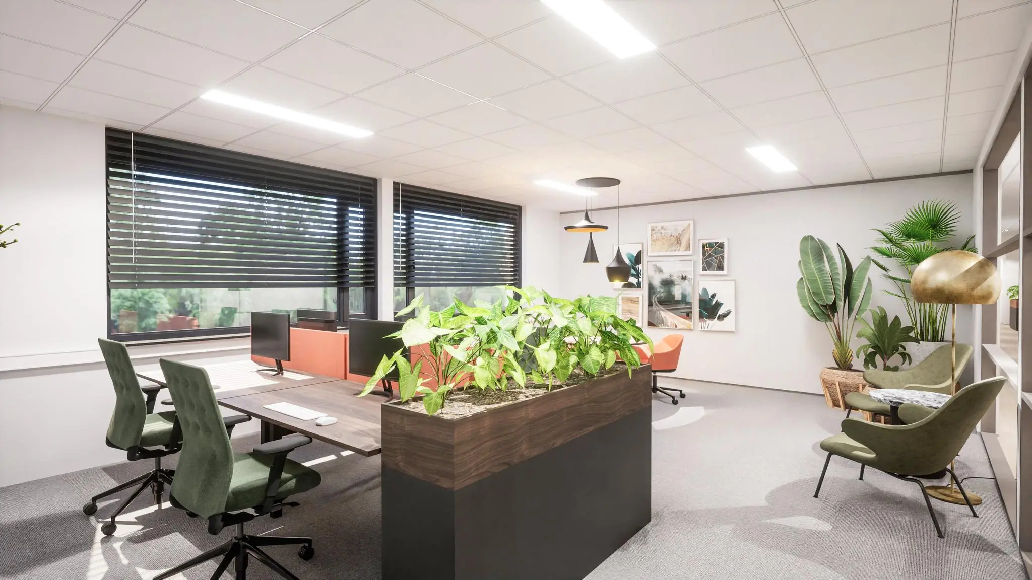 Modern en licht kantoorinterieur aan de Burgemeester Verderlaan met werkplekken, veel planten en een zithoek.
